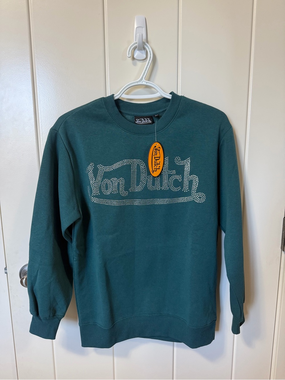 Von Dutch Green Crewneck Sweatshirt with Rhinestone Logo (New With Tags)
